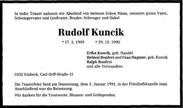 Kuncik Rudolf 1909-1990 Todesanzeige